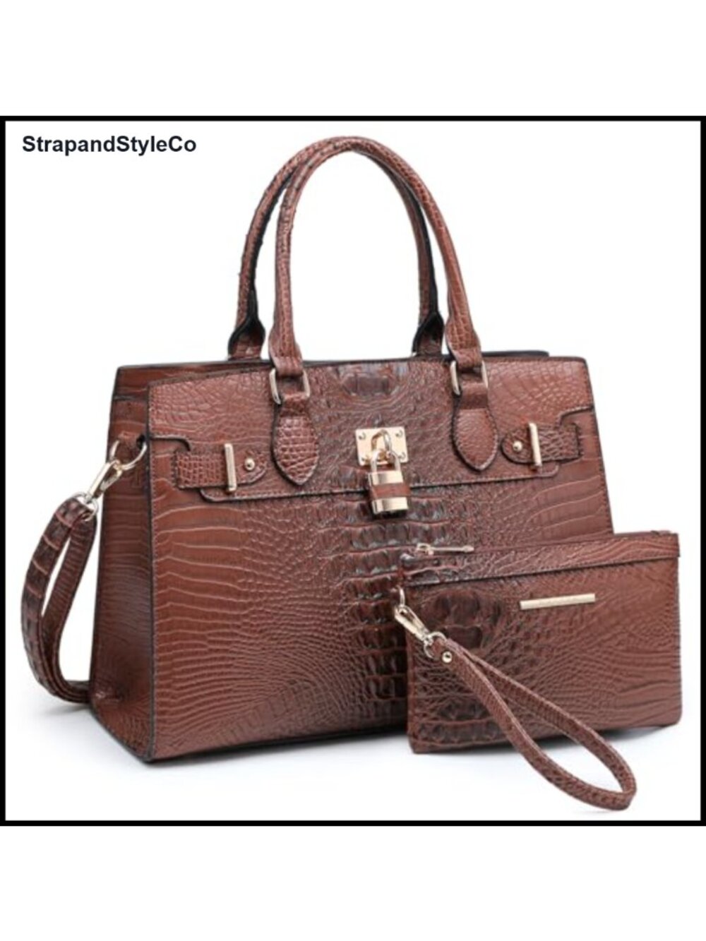 Vegan Leather Satchel Tote Set with Matching Clutch & Crossbody Strap